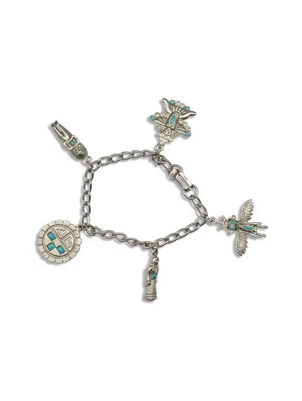 Vintage Tibetan Silver Toned Charm Bracelet - 5 Turquoise Inlay Figural Charms